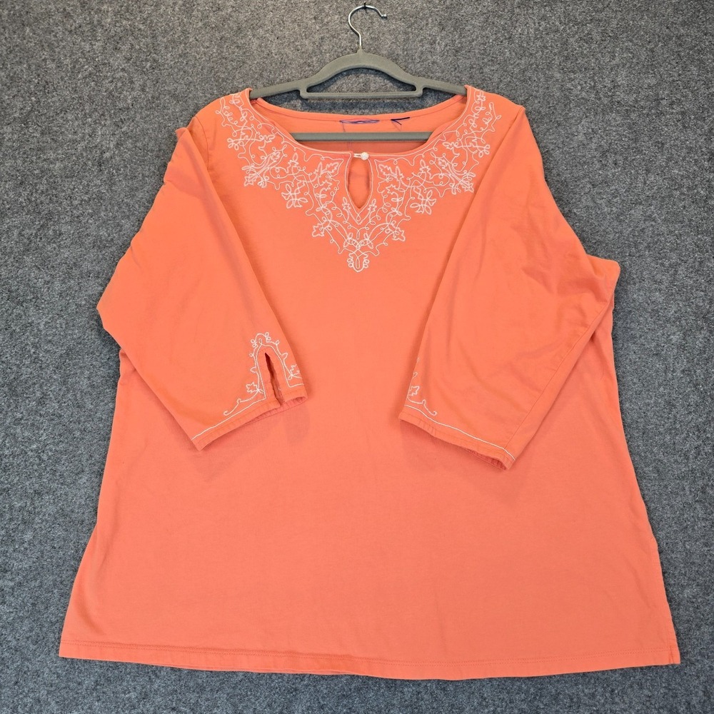 Womens Tunic Top Coral Orange Embroidered Floral Keyhole Neck Streetwear Casual